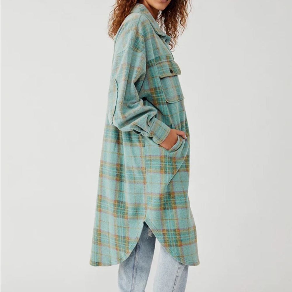 Free People Plaid Shacket in Aqua Blue and Tan